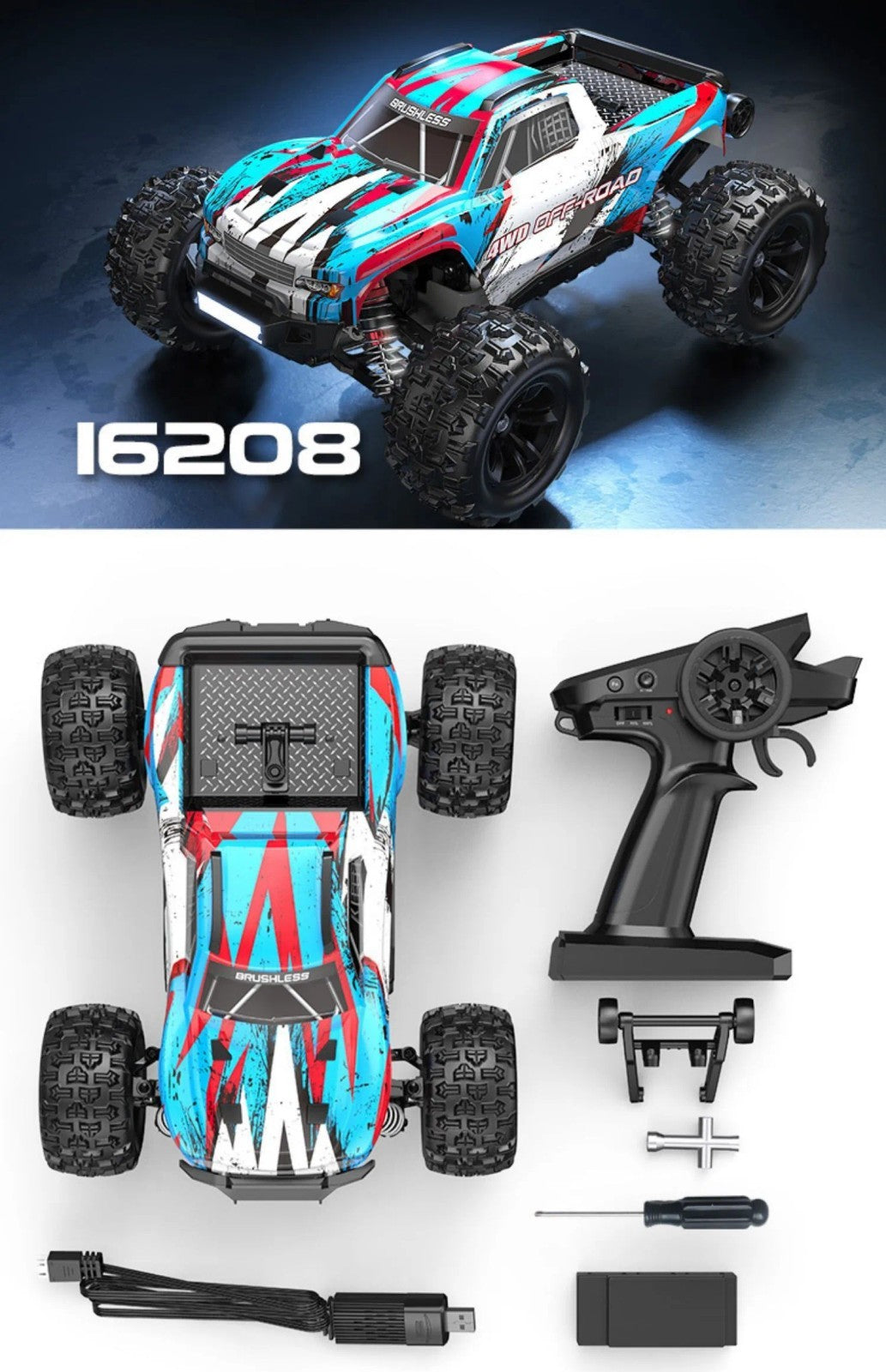 Amewi Hyper GO 16208 Monster Truck Brushless 4WD 1:16 RTR Blau/Weiß 2s Lipo Akku