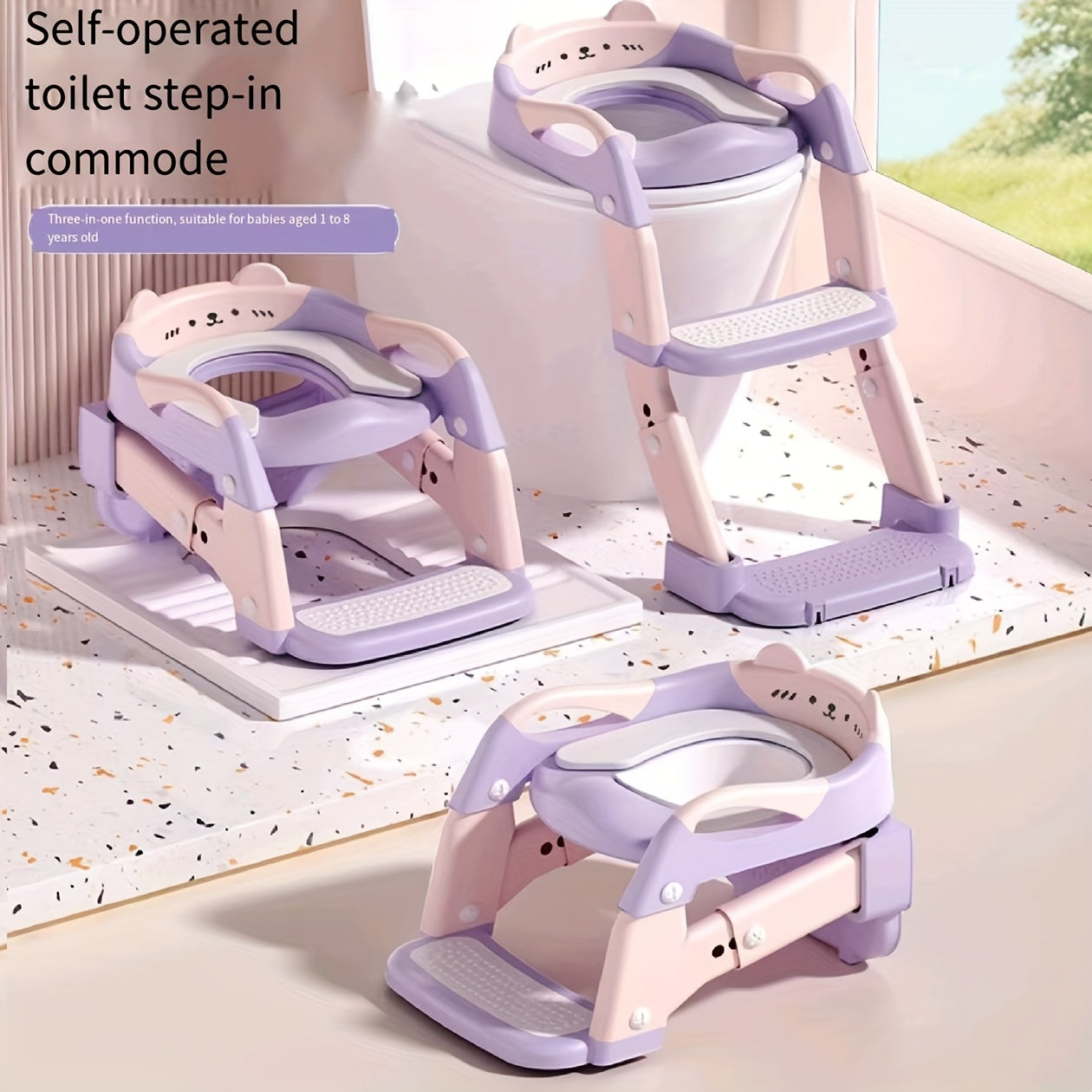 3-in-1 Kids Toilet Training Seat, Multifunctional Step Stool for Children, Foldable Step Stool with Non-Slip Footrest - Adjustable Height, Durable Plastic, Space-Saving Design, Neutral Color, Safe Grip Handle, Ideal for Home