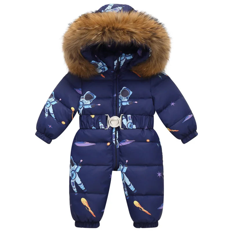 Kinder Winter Overalls wasserdichte Kapuze Mädchen Daunen jacke Baby Boy warmen Overall Kleinkind Mädchen Kunst pelz Ski anzug Kinder Schnee anzug