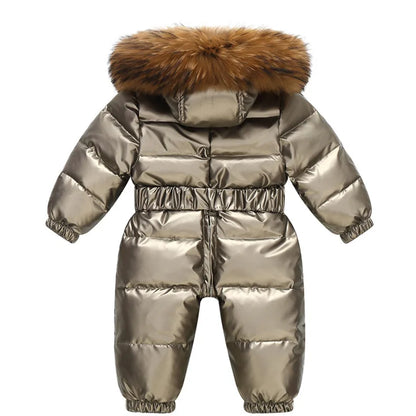 Kinder Winter Overalls wasserdichte Kapuze Mädchen Daunen jacke Baby Boy warmen Overall Kleinkind Mädchen Kunst pelz Ski anzug Kinder Schnee anzug