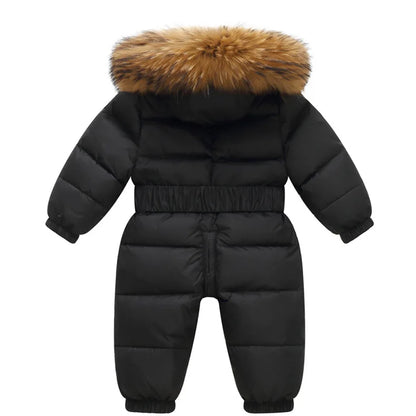Kinder Winter Overalls wasserdichte Kapuze Mädchen Daunen jacke Baby Boy warmen Overall Kleinkind Mädchen Kunst pelz Ski anzug Kinder Schnee anzug