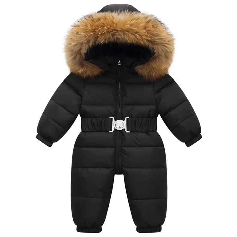 Kinder Winter Overalls wasserdichte Kapuze Mädchen Daunen jacke Baby Boy warmen Overall Kleinkind Mädchen Kunst pelz Ski anzug Kinder Schnee anzug