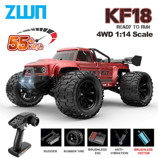 ZWN KF18 1:14 Bürstenloses RC-Auto mit LED-Licht, professionelles 4WD 2,4G Fernbedienung, Offroad-Monstertruck, Spielzeug für Kinder, Geschenk