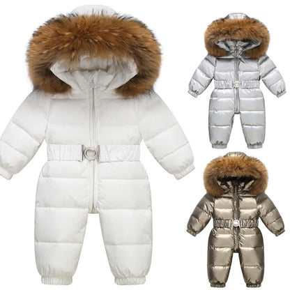 Kinder Winter Overalls wasserdichte Kapuze Mädchen Daunen jacke Baby Boy warmen Overall Kleinkind Mädchen Kunst pelz Ski anzug Kinder Schnee anzug