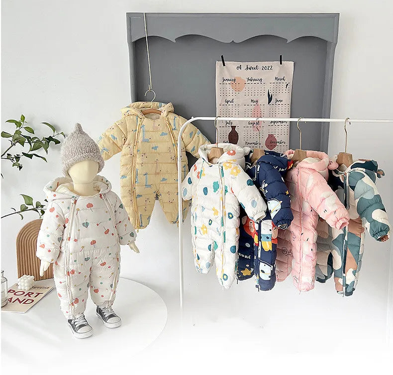 2023 Winter warmes Neugeborenes 3m 6m 9m 12m 18m 24m Kleinkind Kinder plus Samt Overall Muster dicke Jungen Mädchen Stram pler mit Schuhen