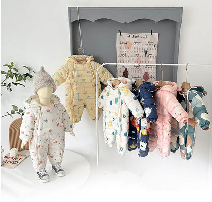 2023 Winter warmes Neugeborenes 3m 6m 9m 12m 18m 24m Kleinkind Kinder plus Samt Overall Muster dicke Jungen Mädchen Stram pler mit Schuhen