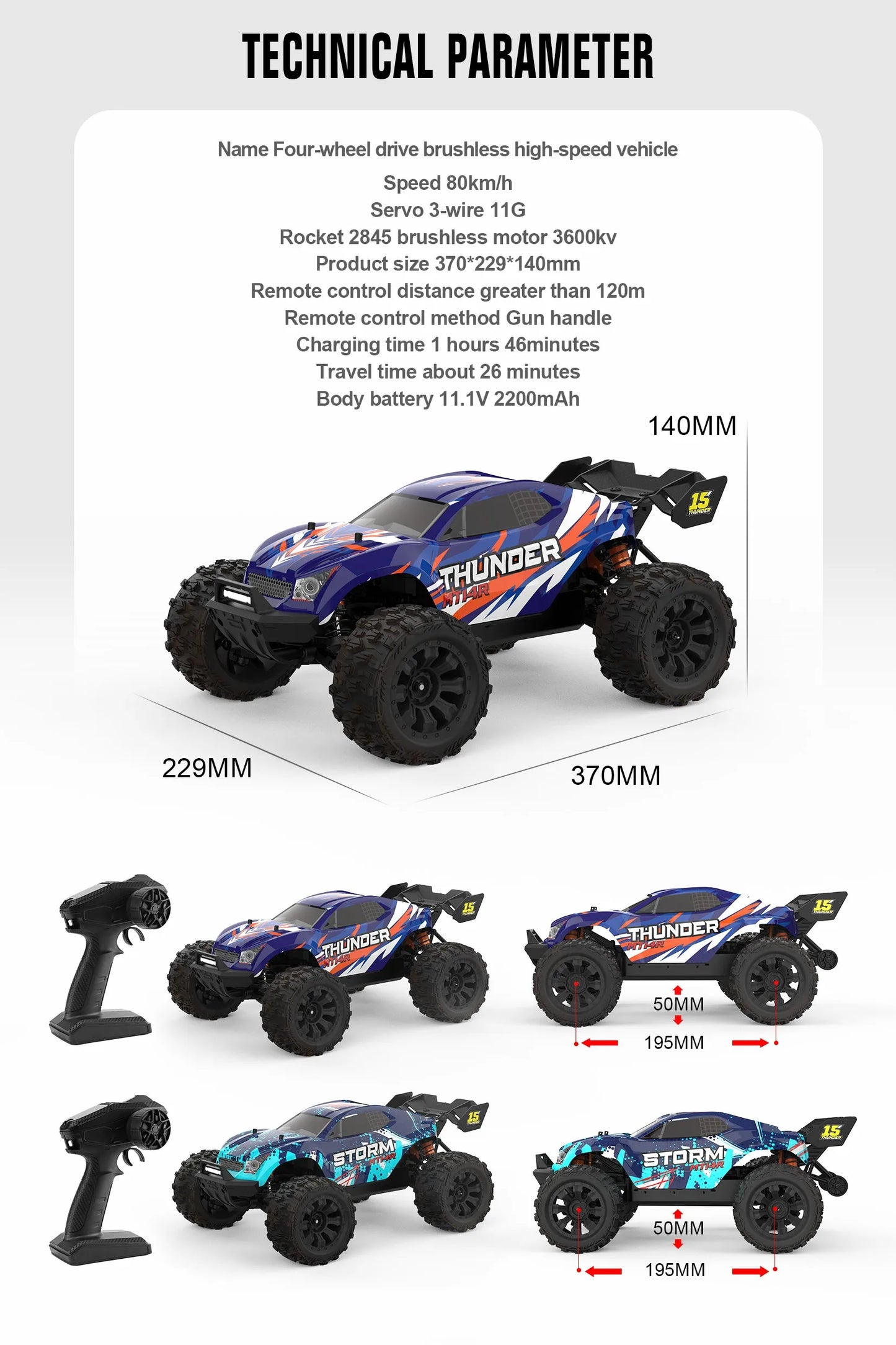 JIUSI PT14R MT14R 1/14 RC Rennwagen 3S Batterie 4WD 80 km/h Bürstenloser Motor 2,4G Fernbedienung 35C Hochgeschwindigkeits-Offroad-RC-Truck