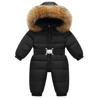Kinder Winter Overalls wasserdichte Kapuze Mädchen Daunen jacke Baby Boy warmen Overall Kleinkind Mädchen Kunst pelz Ski anzug Kinder Schnee anzug