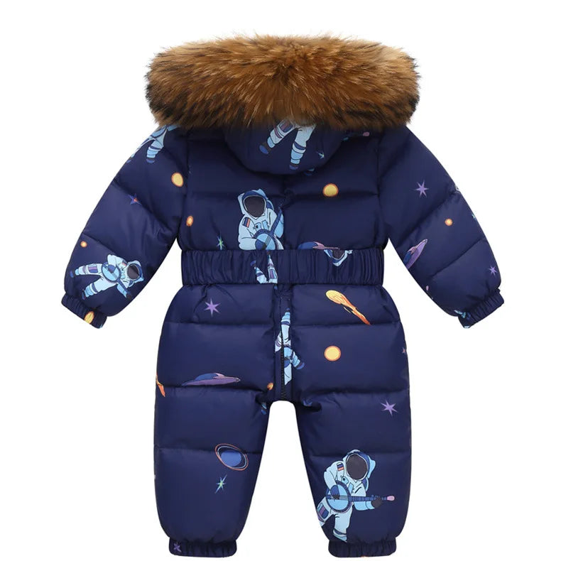 Kinder Winter Overalls wasserdichte Kapuze Mädchen Daunen jacke Baby Boy warmen Overall Kleinkind Mädchen Kunst pelz Ski anzug Kinder Schnee anzug