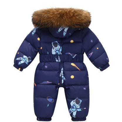 Kinder Winter Overalls wasserdichte Kapuze Mädchen Daunen jacke Baby Boy warmen Overall Kleinkind Mädchen Kunst pelz Ski anzug Kinder Schnee anzug