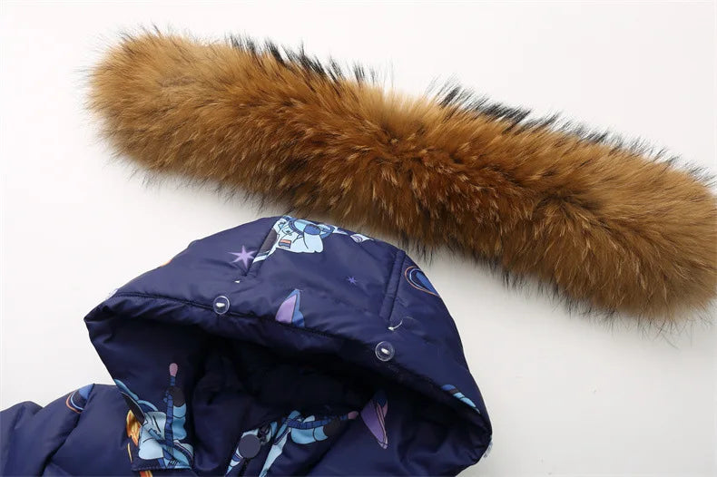 Kinder Winter Overalls wasserdichte Kapuze Mädchen Daunen jacke Baby Boy warmen Overall Kleinkind Mädchen Kunst pelz Ski anzug Kinder Schnee anzug