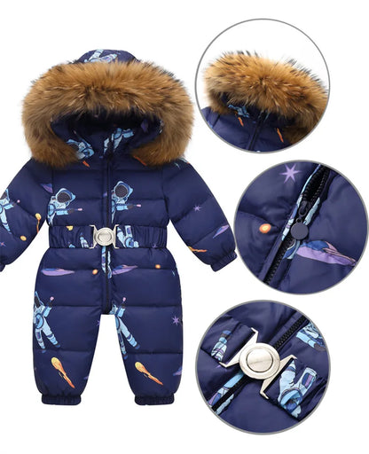 Kinder Winter Overalls wasserdichte Kapuze Mädchen Daunen jacke Baby Boy warmen Overall Kleinkind Mädchen Kunst pelz Ski anzug Kinder Schnee anzug