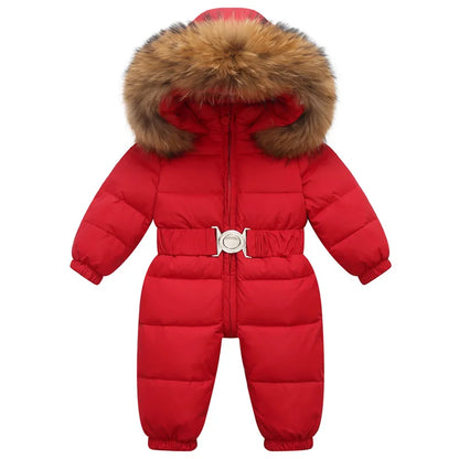 Kinder Winter Overalls wasserdichte Kapuze Mädchen Daunen jacke Baby Boy warmen Overall Kleinkind Mädchen Kunst pelz Ski anzug Kinder Schnee anzug