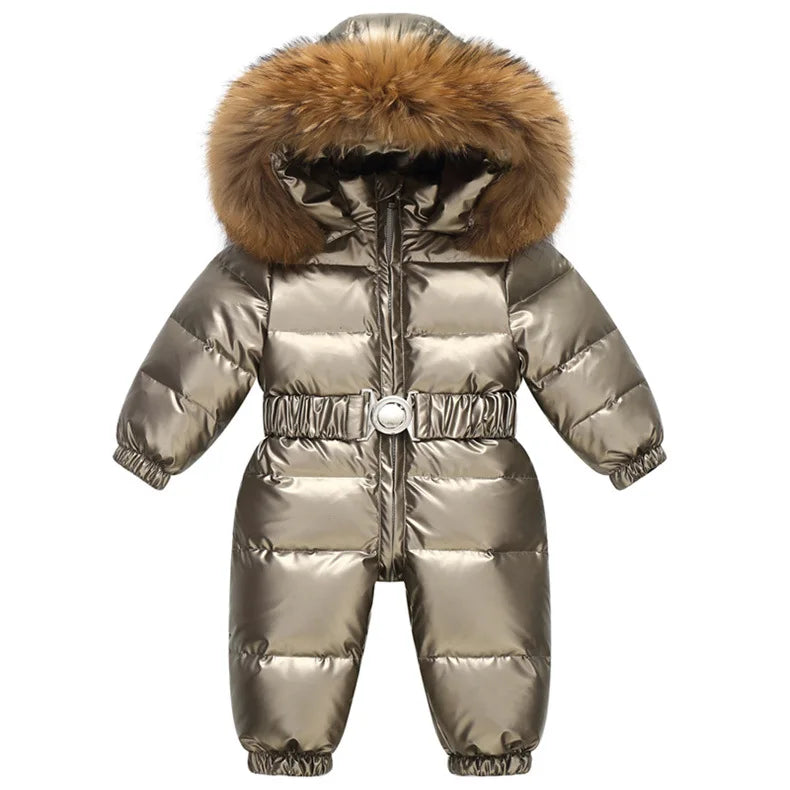 Kinder Winter Overalls wasserdichte Kapuze Mädchen Daunen jacke Baby Boy warmen Overall Kleinkind Mädchen Kunst pelz Ski anzug Kinder Schnee anzug