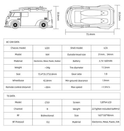 LDARC 1:64 V64 RTR Mini Elektro-RC-Automodell 2,4 GHz Lange Akkulaufzeit Desktop-RC-Auto Mini-Rennwagen Unterhaltungsspielzeug
