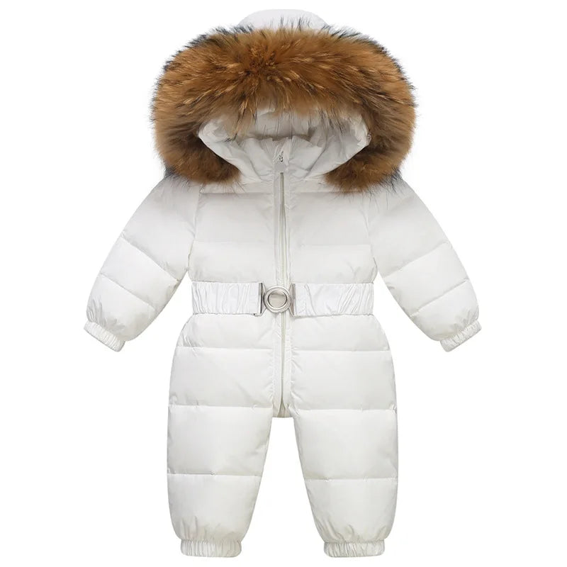 Kinder Winter Overalls wasserdichte Kapuze Mädchen Daunen jacke Baby Boy warmen Overall Kleinkind Mädchen Kunst pelz Ski anzug Kinder Schnee anzug
