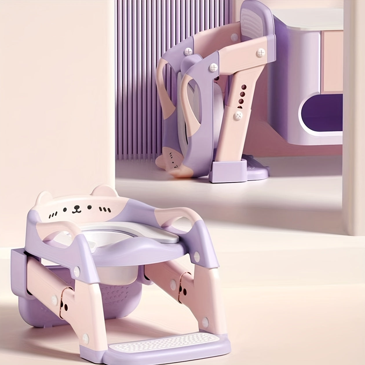 3-in-1 Kids Toilet Training Seat, Multifunctional Step Stool for Children, Foldable Step Stool with Non-Slip Footrest - Adjustable Height, Durable Plastic, Space-Saving Design, Neutral Color, Safe Grip Handle, Ideal for Home